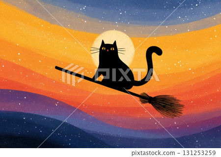 Playful Halloween Poster: Cartoon Black Cat on Broomstick in Starry Night Sky 131253259