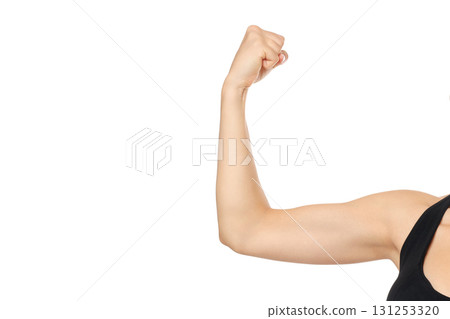 A person flexes their arm to show strength, isolated, PNG 131253320