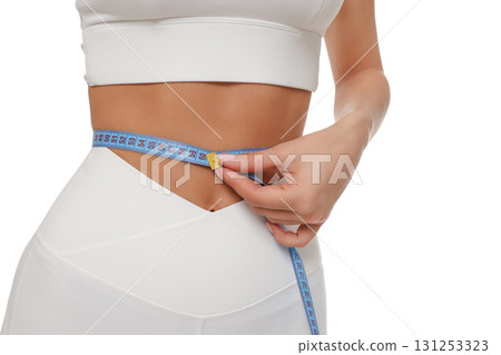 Measuring waistline for fitness and yoga, isolated, PNG 131253323