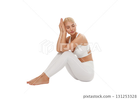 Woman in yoga wear meditating seated, isolated, PNG 131253328