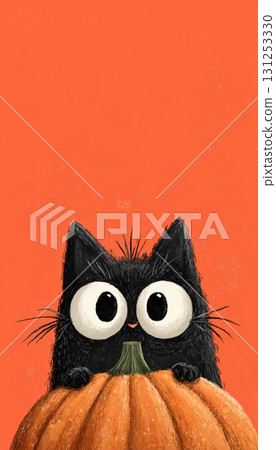 Cute Black Cat with Big Eyes Peeking Behind Pumpkin Illustration Cute Black Cat with Big Eyes Peeking Behind Pumpkin Illustration 131253330