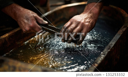 First-person view of hands cleaning metal tongs in oil bath, traditional smithing process 131253332