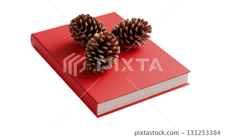 Red book with pine cones evokes autumn, created with AI, PNG 131253384