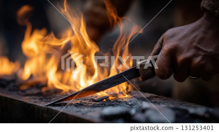 First-person View of Blacksmith Striking Metal with Precision in Forge Flame First-person View of Blacksmith Striking Metal with Precision in Forge Flame 131253401