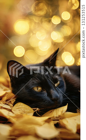 Autumn Sale Mockup with Black Cat in Golden Leaves and Bokeh Lighting 131253515