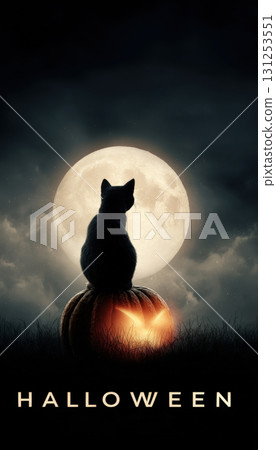 Halloween Night Flyer with Black Cat on Glowing Pumpkin and Full Moon Halloween Night Flyer with Black Cat on Glowing Pumpkin and Full Moon 131253551