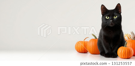 E-commerce Banner with Black Cat and Pumpkins on White Background E-commerce Banner with Black Cat and Pumpkins on White Background 131253557