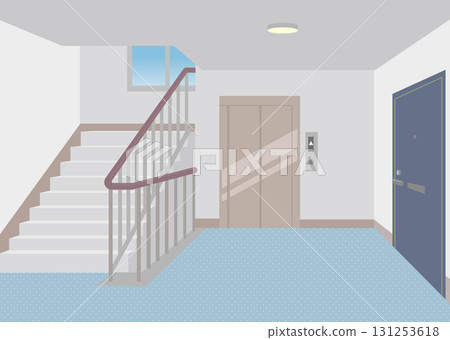 Vector illustration of an apartment interior with stairs, elevator and entrance door 131253618