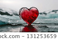 red ice heart in the middle of glacier on sunset, cold love romance dislike indifference rejection concept 131253659