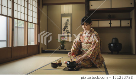 Japanese woman in kimono, tea ceremony - Stock Illustration [131253788 ...