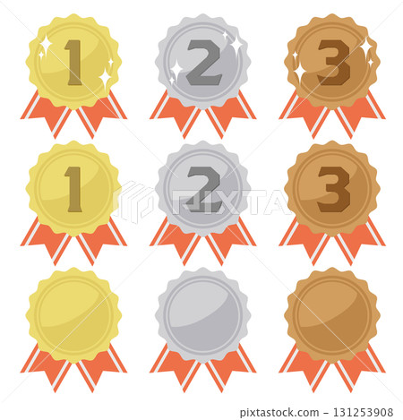 金牌、銀牌和銅牌的簡單插圖集.白色背景上的向量插圖。 金牌、銀牌和銅牌的簡單插圖集.白色背景上的向量插圖。 131253908
