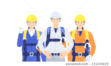 Safety measures for working at heights Illustration of a worker properly wearing a full harness type fall arrest device 131254019