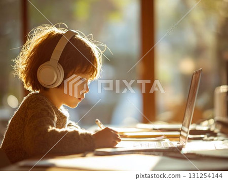 A child studying in the light of the setting sun 131254144