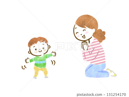 A hand-drawn illustration of a mother rejoicing at her child's first steps 131254170