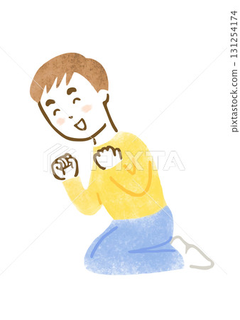 Hand-drawn illustration of a man cheering and looking at something (sitting position) 131254174