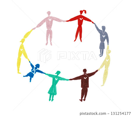 Hand-drawn illustration: People holding hands in a circle 131254177