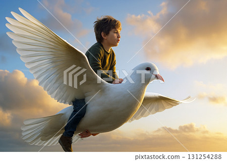 Boy riding a bird Boy riding a bird 131254288