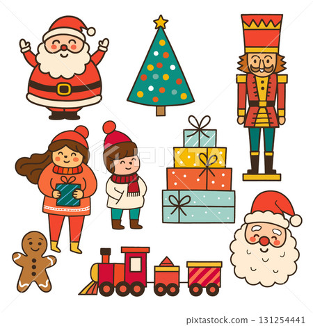 Isolated layered Christmas illustration featuring Santa, nutcracker, tree, gifts, train 131254441