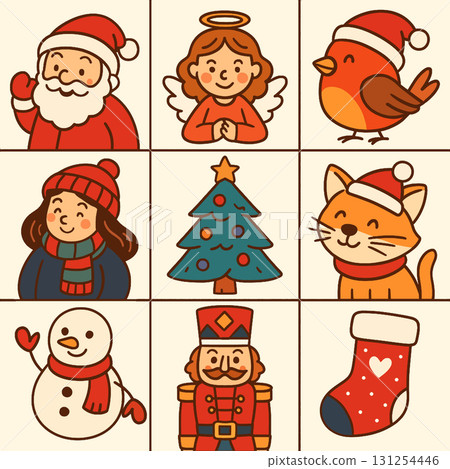 Isolated Christmas icons separated layered grid include Santa angel bird woman tree cat snowman 131254446