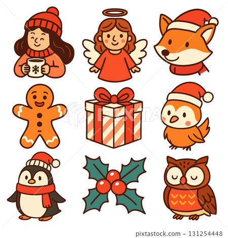Isolated layered Christmas icons separated in cute style including animal and holiday elements 131254448