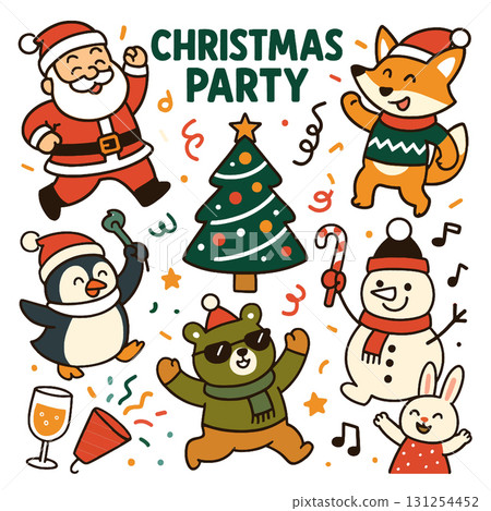 Isolated layered Christmas party illustration with separated cute animal character and festive Isolated layered Christmas party illustration with separated cute animal character and festive 131254452