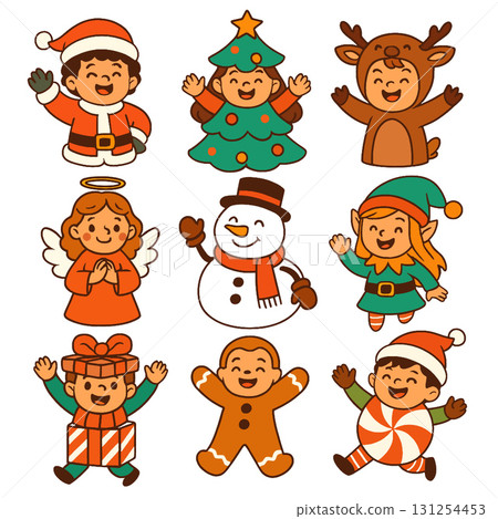 Isolated layered Christmas character set separated with joyful expressions including Santa, tree 131254453