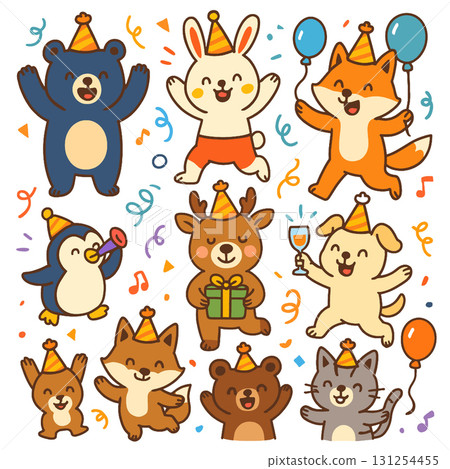 Isolated cute animal characters separated and layered festive party scene with joyful expressions Isolated cute animal characters separated and layered festive party scene with joyful expressions 131254455