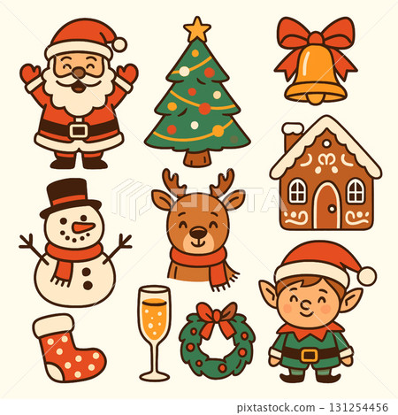 Isolated layered Christmas icons separated with cheerful expressions including Santa tree 131254456