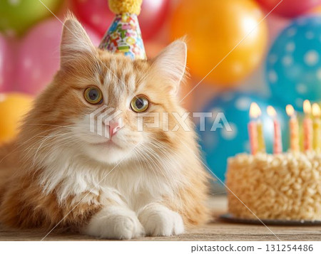 Cat and cake enjoying birthday party 131254486
