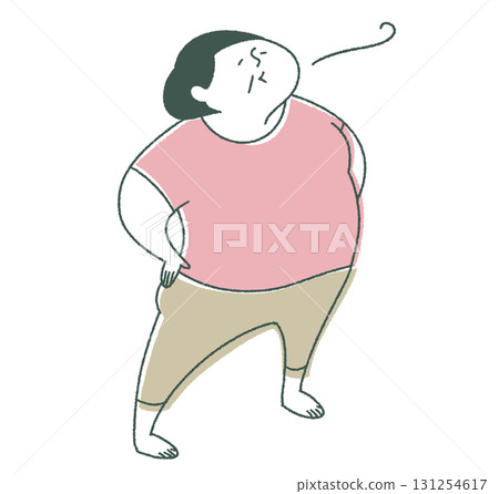 老年婦女雙手叉腰,身體向後傾斜,面向右側 老年婦女雙手叉腰,身體向後傾斜,面向右側 131254617