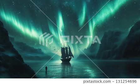 northern lights over sea surface cg animation  131254696