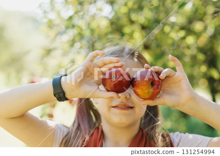 Child picking apples on farm in autumn. Little girl playing in tree orchard. Healthy nutrition. Cute little girl eating red delicious fruit. Harvest Concept. Apple picking. Child picking apples on farm in autumn. Little girl playing in tree orchard. Healthy nutrition. Cute little girl eating red delicious fruit. Harvest Concept. Apple picking. 131254994