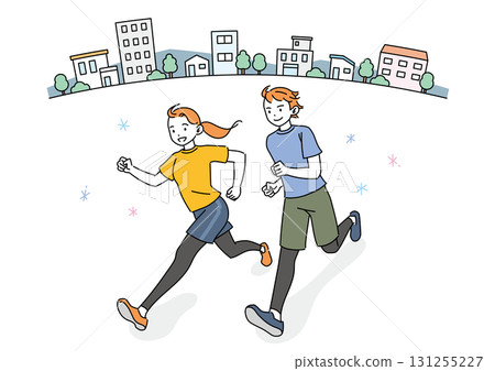 微笑的男人和女人在城市中奔跑 131255227