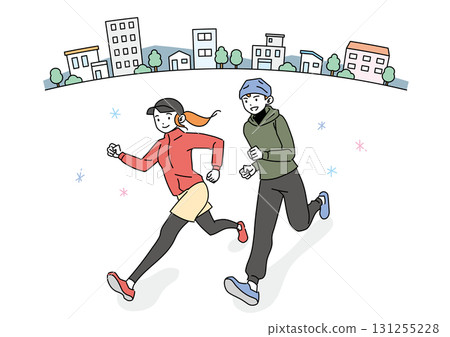 微笑的男人和女人在城市中奔跑 微笑的男人和女人在城市中奔跑 131255228