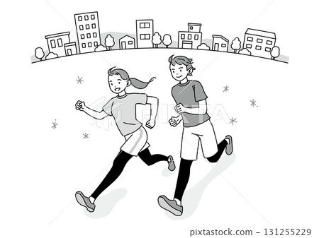 微笑的男人和女人在城市中奔跑 131255229