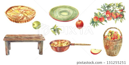 Apple pie, branch with ripe fruits green leaves, wooden table, copper pan with jam, basket with green, red apples harvest. Watercolor clip art big set. Illustration for cafe menu, advertising, banners Apple pie, branch with ripe fruits green leaves, wooden table, copper pan with jam, basket with green, red apples harvest. Watercolor clip art big set. Illustration for cafe menu, advertising, banners 131255251