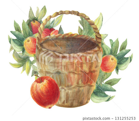 Big red apple. Empty retro wicker brown basket. Branch with ripe fruits green leaves, round ceramic plate from clay. Watercolor isolated illustration for cooking book menu, banners, cards, clip art. Big red apple. Empty retro wicker brown basket. Branch with ripe fruits green leaves, round ceramic plate from clay. Watercolor isolated illustration for cooking book menu, banners, cards, clip art. 131255253