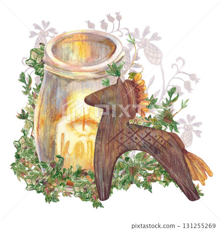 Wooden horse and burning candle in glass, green ivy. Watercolor and color pencils isolated illustration. For home interior decoration, tea party ceremony, vintage kitchen, menu design clip art. 131255269