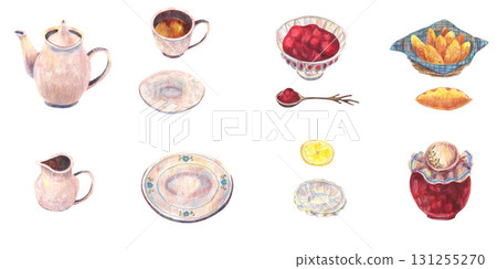 Teapot pink cup with plate, milk jug, fruit jam in bowl and jar, spoon lemon slice, pies on blue checkered napkin in basket. Watercolor set. For tea party, vintage kitchen table, menu design clip art. 131255270