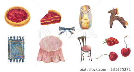 Red ripe strawberry, two cherries, fruit pie, table and chair Burning candle in glass jar, and blue napkin, wooden horse. Watercolor set. For tea party, vintage kitchen table, menu design clip art. 131255271