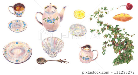 Pink teapot and cup with plate, milk jug, glass crystal jar, spoon lemon slice, pie and red ripe cherry, green ivy flowers. Watercolor set. For tea party, vintage kitchen table, menu design clip art. 131255272