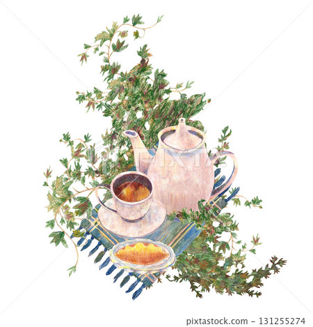 Vintage teapot and pink cup with plate, pie on glass crystal jar, blue checkered napkin, green ivy. Watercolor postcard. For tea party, vintage kitchen table setting, menu design clip art. 131255274
