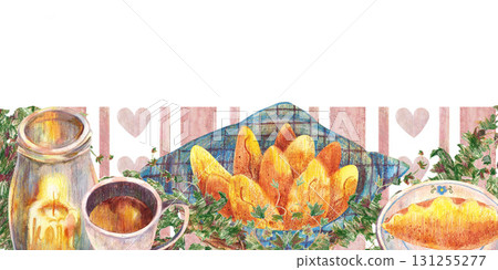 Homemade pies, blue napkin in wicker basket, cup and burning candle in glass, cake on plate ivy. Pink hearts. Watercolor illustration. For tea party, vintage kitchen, menu design banners and clip art. 131255277