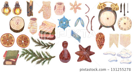 Big set of knitted mittens and snowflakes, stack of sweaters, books spruce branches. Light bulb. Watercolor illustration. For Christmas decoration, retro vintage books, banners and cards and clip art. 131255278