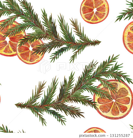 Seamless pattern with spruce branches, dried orange slices. Watercolor illustration. For various magazines, retro vintage Christmas books and holiday designs, banners and greeting cards, clip art Seamless pattern with spruce branches, dried orange slices. Watercolor illustration. For various magazines, retro vintage Christmas books and holiday designs, banners and greeting cards, clip art 131255287