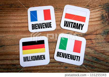 European welcome signs with country flags and languages European welcome signs with country flags and languages 131255343