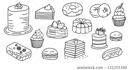 Hand drawn bakery desserts set outline illustration 131255380