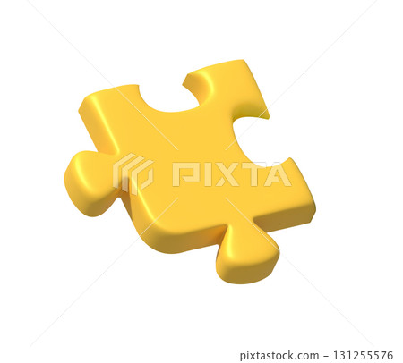 Yellow puzzle piece 3d icon. Abstract jigsaw detail ready for connected or disassembling isolated on white background. Logic game toy template missing cut choice connection. Variation attached 131255576