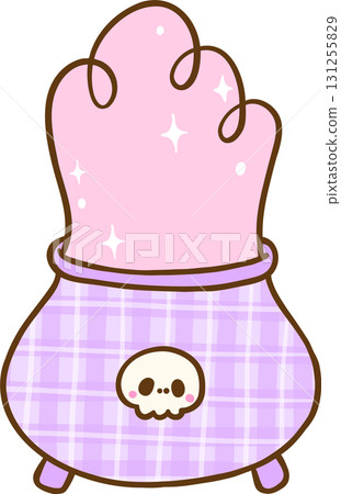 Cute Coquette Gingham Halloween, Plaid Cauldron with Skull Illustration Hand Drawn 131255829