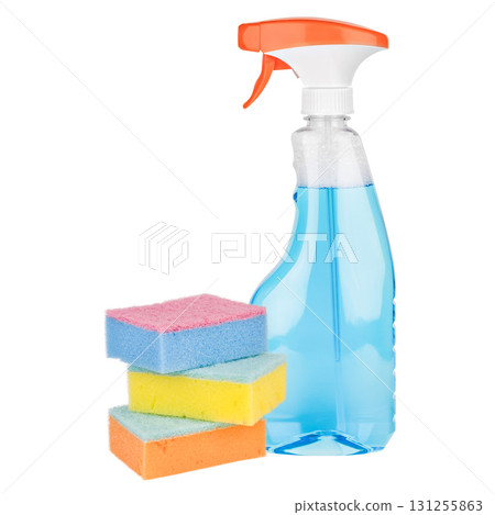 Window and mirror cleaner with sponge on isolated white background Window and mirror cleaner with sponge on isolated white background 131255863